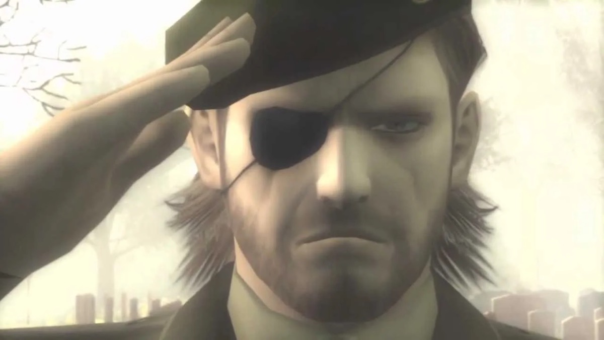Big Boss salutes a grave with a tear running down his cheek in "Metal Gear Solid 3"