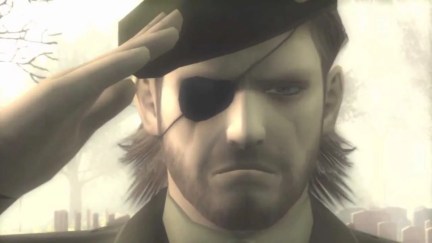 Big Boss salutes a grave with a tear running down his cheek in 