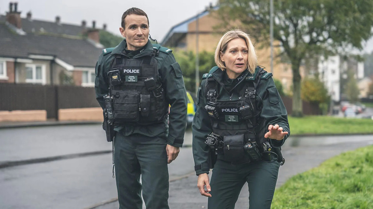 Sian Brooke as PC Grace Ellis and Martin McCann as PC Stevie Neil in Blue Lights season 2