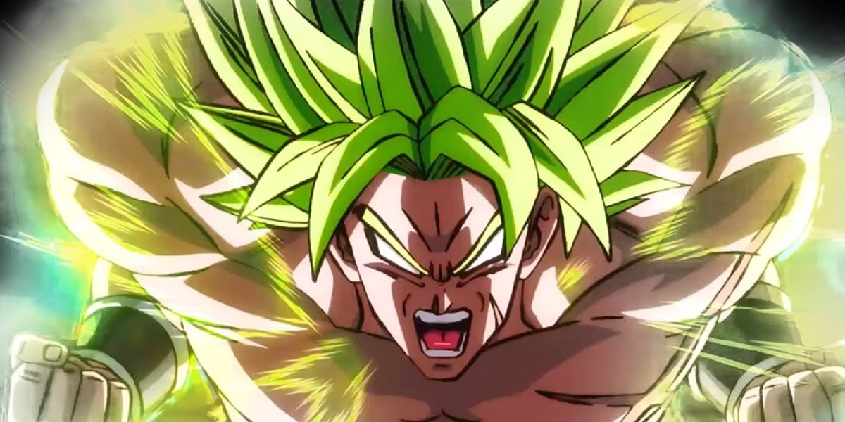 Broly with green hair screaming and shooting lightning in "Dragon Ball Super" 