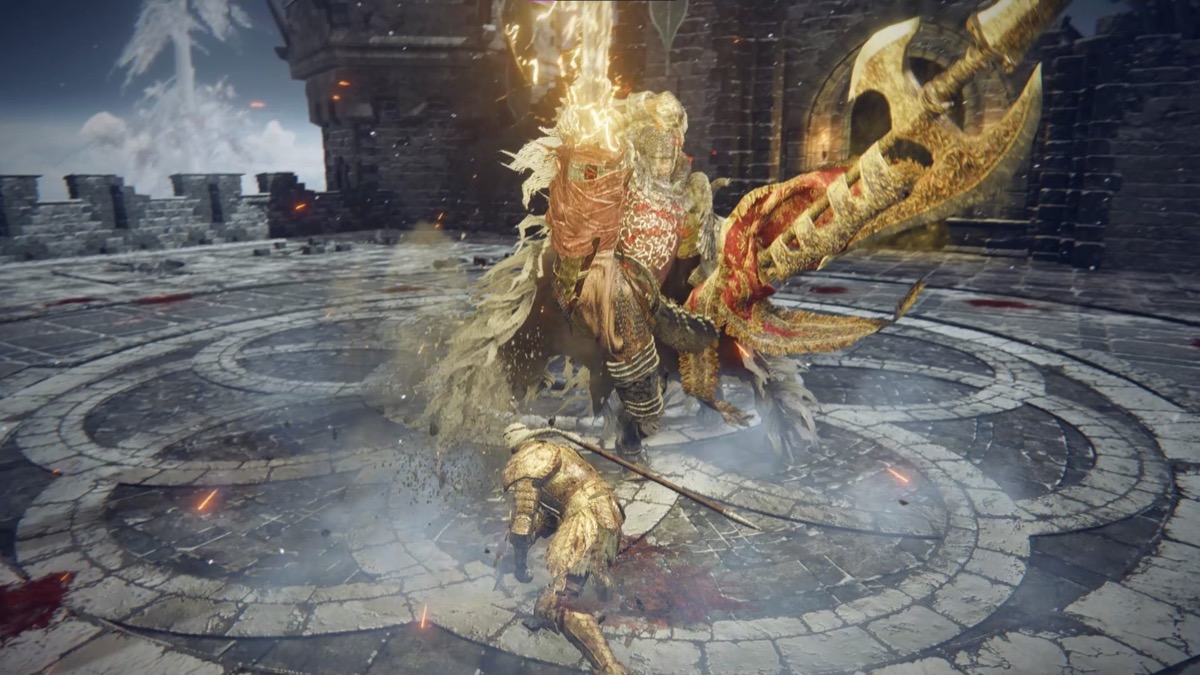 A golden armored warrior attacks with a halberd in "Elden Ring" 