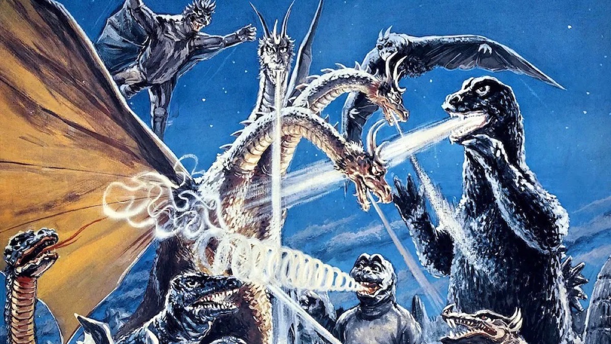Godzilla fights Ghidorah alongside other monsters in "Destroy All Monsters"