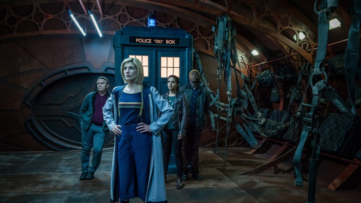 Graham (Bradley Walsh), The Thirteenth Doctor (Jodie Whittaker), Yaz (Mandip Gill) and Ryan (Tosin Cole) in Doctor Who