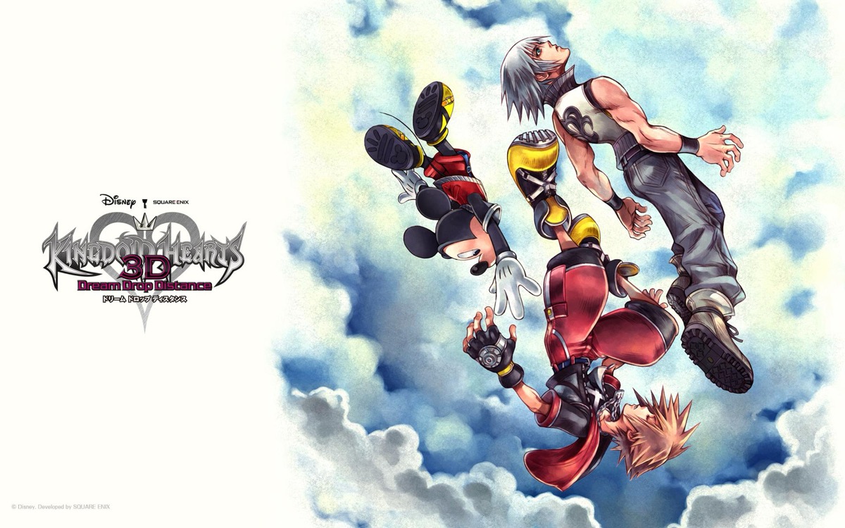 Sora and Riku fall through the sky in opposite directions in "Kingdom Hearts: Dream Drop Distance" 