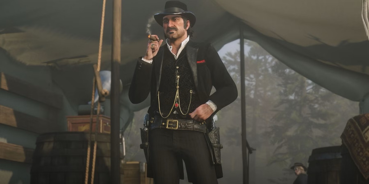 Dutch van der Linde smokes a cigar in a tent in "Red Dead Redemption 2" 