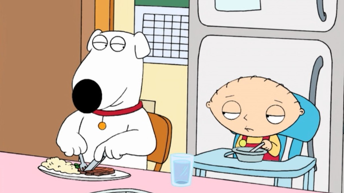 Family Guy's Brian and Stewie eat while eying each other suspiciously