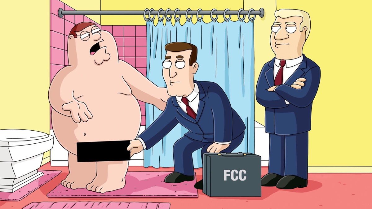 FCC suits hold up a censor block in front of a naked Peter Griffin