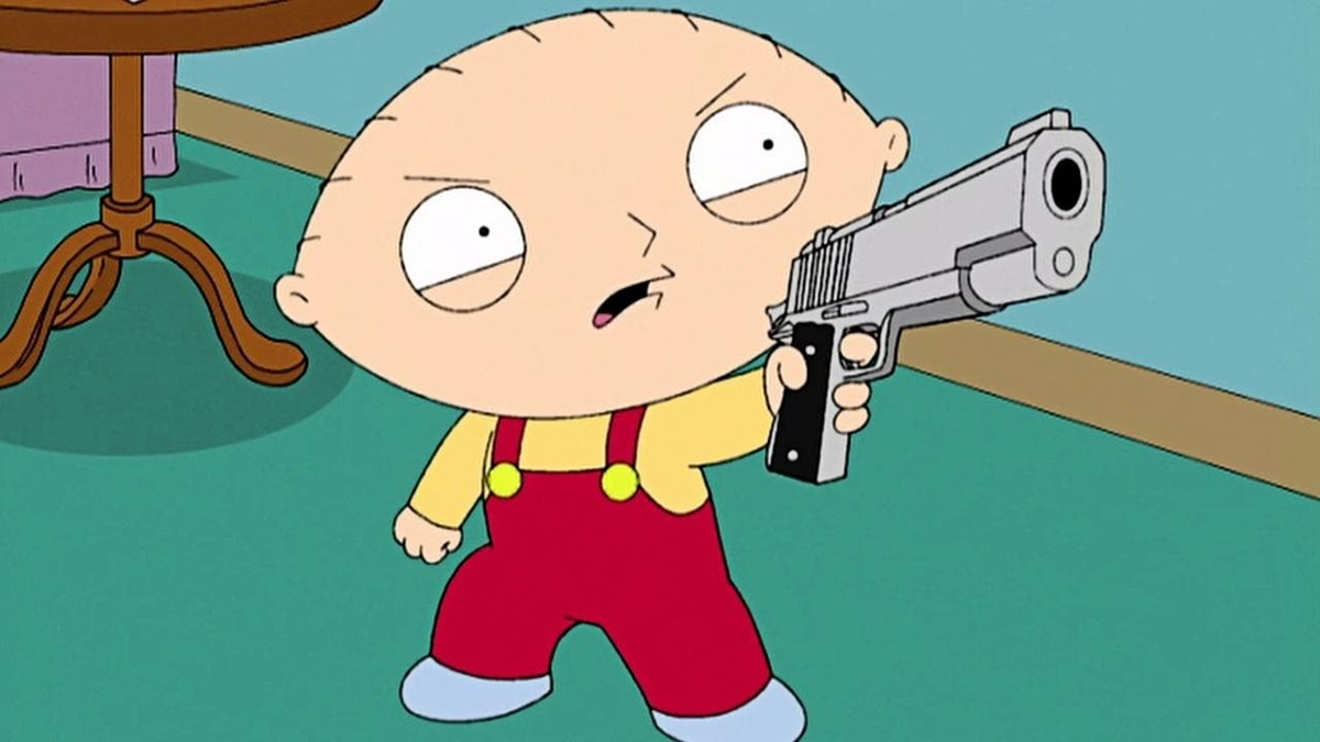 Stewie brandishes a gun in Family Guy