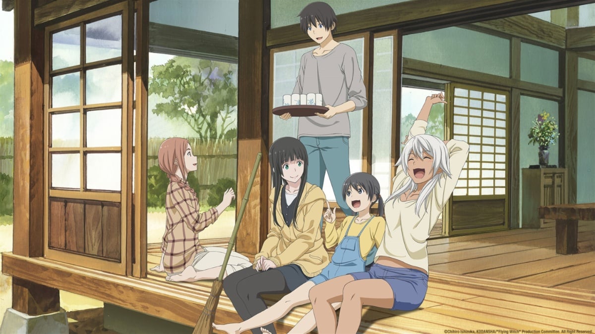 Flying Witch, the characters sit on the porch laughing and enjoying the sunshine
