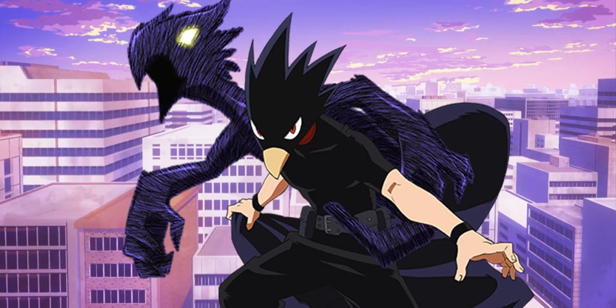 Fumikae stands high above a city with a shadow coming out of his body in "My Hero Academia"