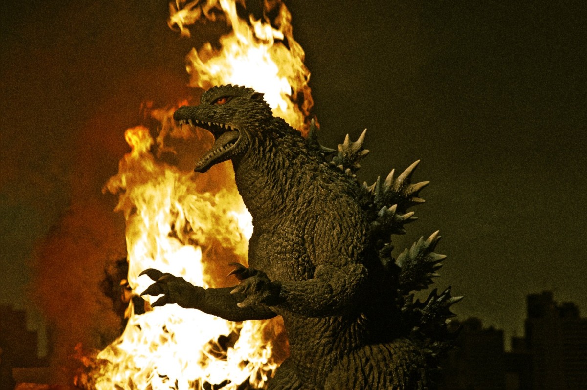 Godzilla roars in front of flames in "Godzilla: Final Wars" 