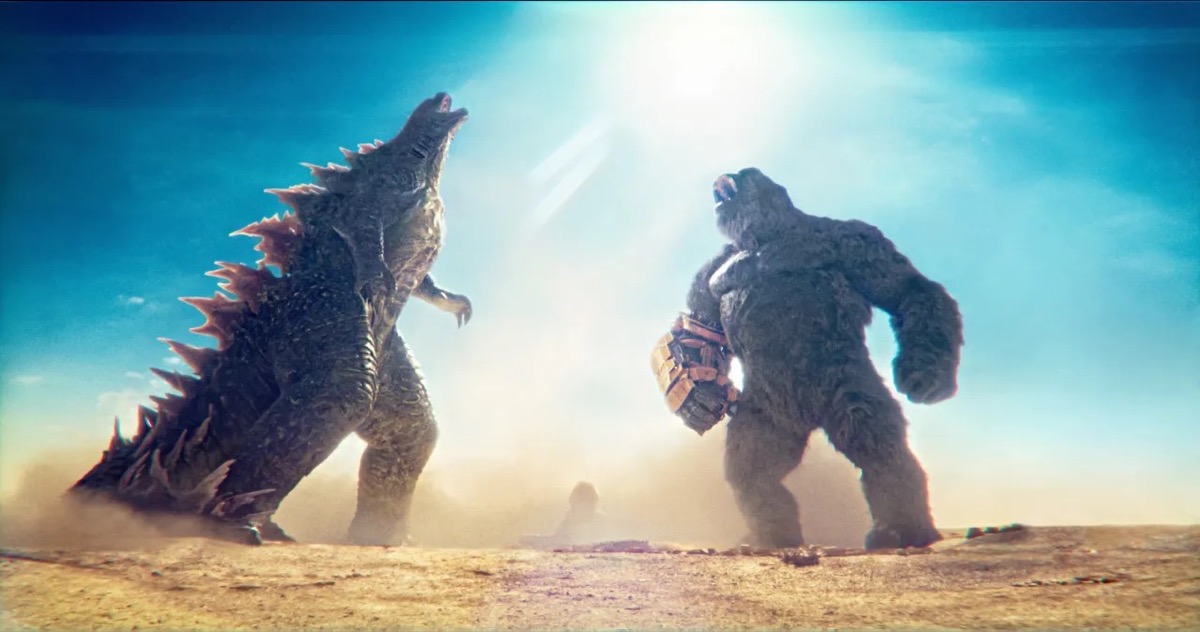 Godzilla and King Kong stand in the desert in "Godzilla x Kong: The New Empire" 