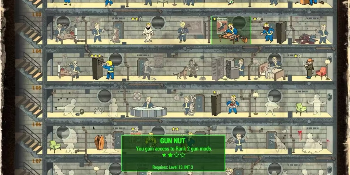 A menu showing the Gun Nut perk in "Fallout 4"