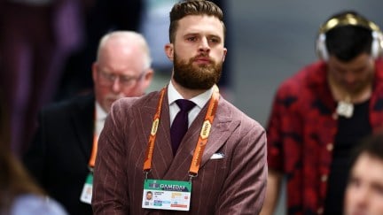 Harrison Butker arrives at the Allegiant Stadium before Super Bowl LVIII