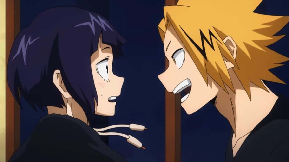 Kaminari smiles at a flustered Jiro in "My Herp Academia" 