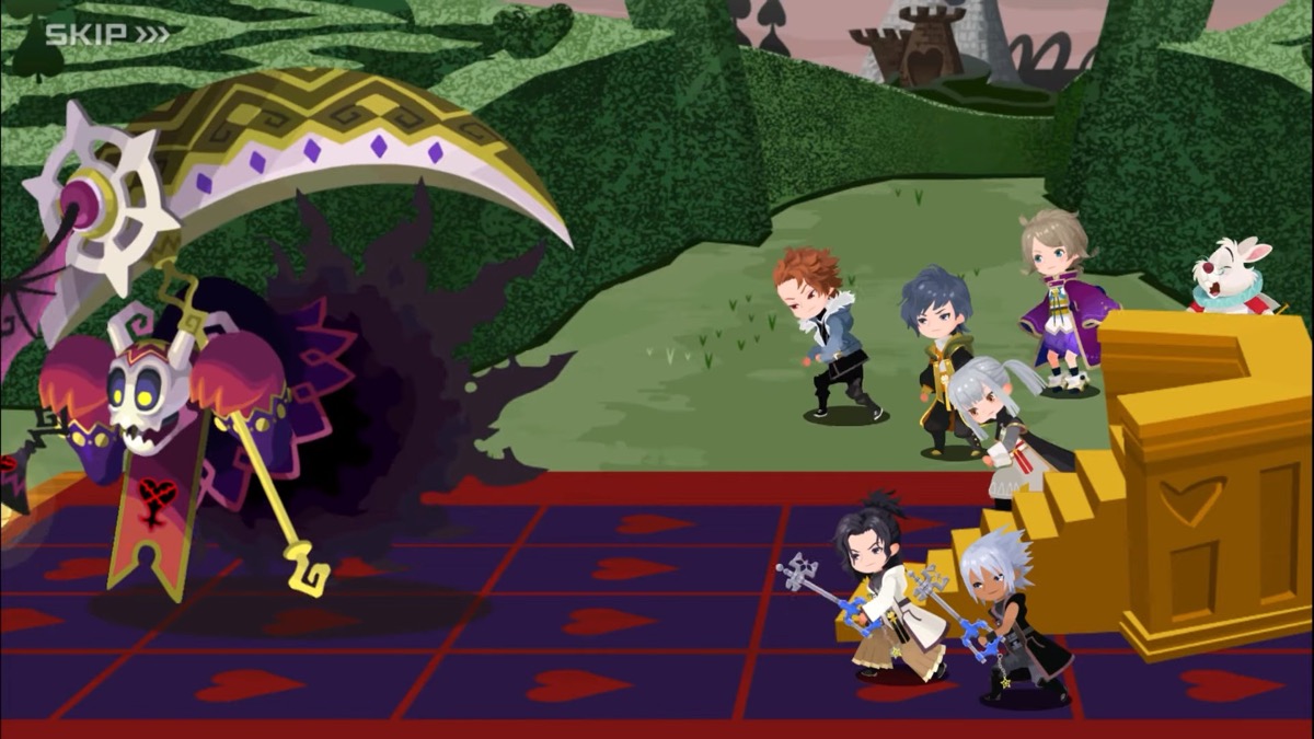 Keyblade wielders fight a grim reaper heartless in "Kingdom Hearts UX Dark Road" 