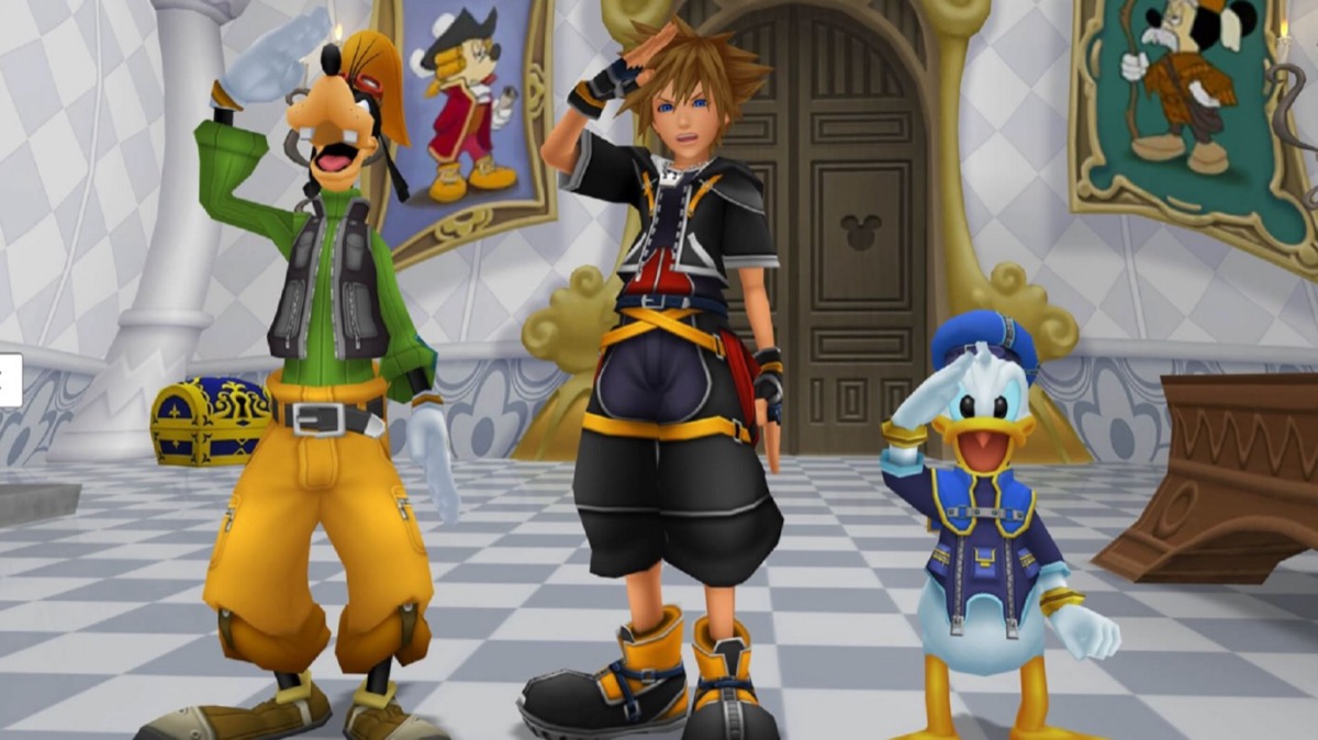 Sora, Donald Duck, and Goofy salute in a castle in "Kingdom Hearts 2" 