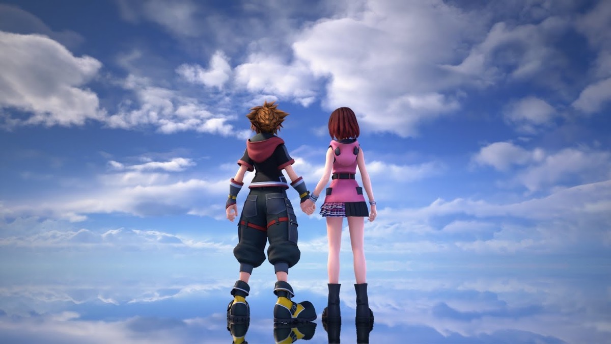 Sora and Kairi hold hands in a world where the ground reflects the open sky in "Kingdom Hearts 3" 