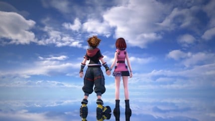 Sora and Kairi hold hands in a world where the ground reflects the open sky in 