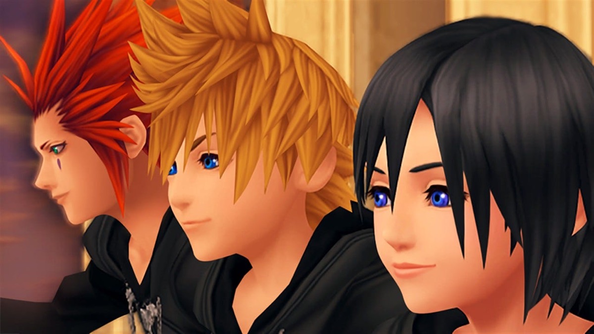 Two teen boys and a girl sit on a clocktower watching the sunset in "Kingdom Hearts 358/2 Days"