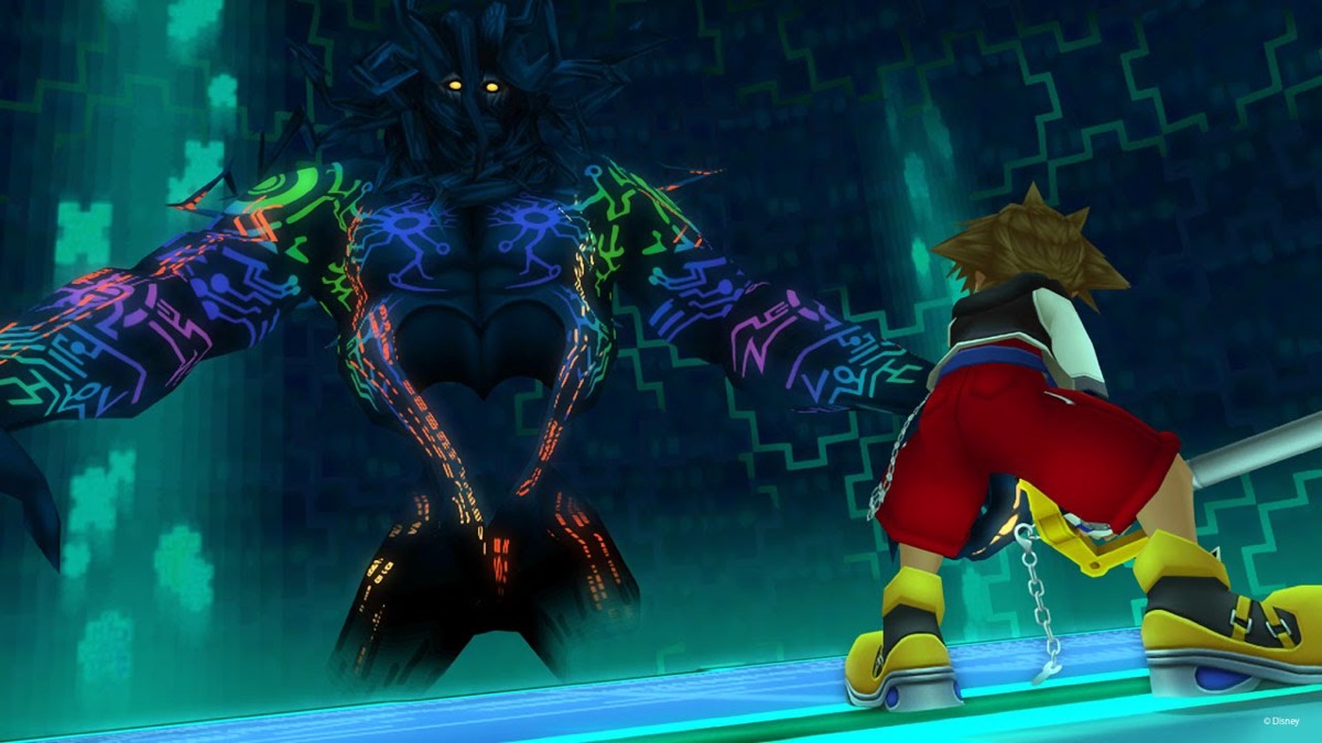 Sora fights a Heartless boss in "Kingdom Hearts Re: Coded"