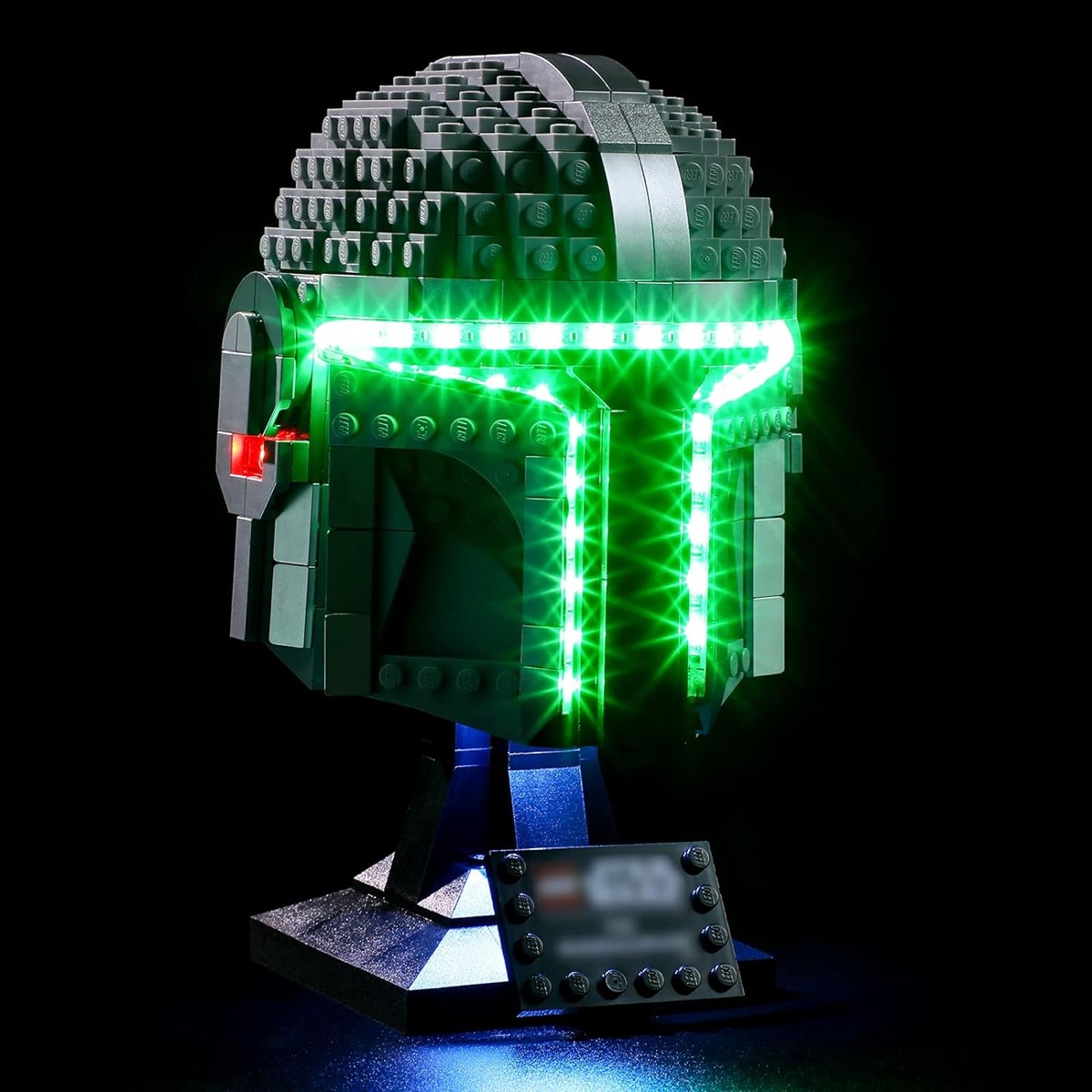 A glowing LEGO Mandalorian helmet with LED lights