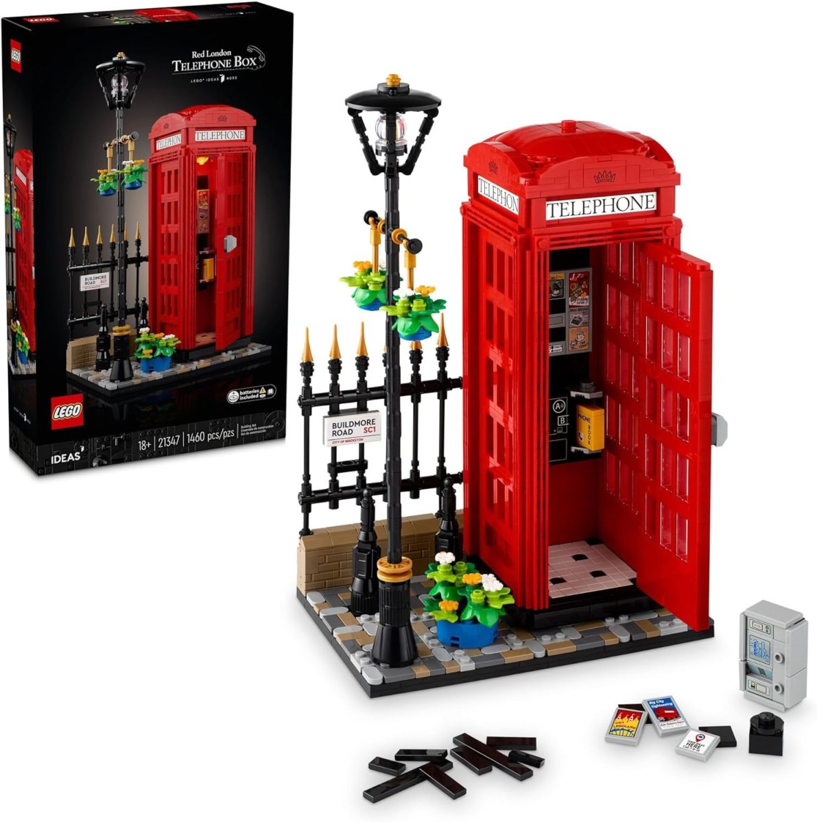 A model of an iconic red London Telephone box made out of LEGO