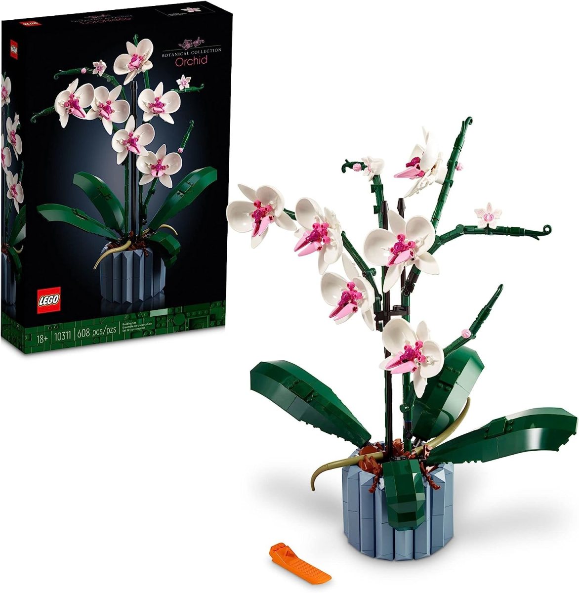 A potted orchid made of LEGO
