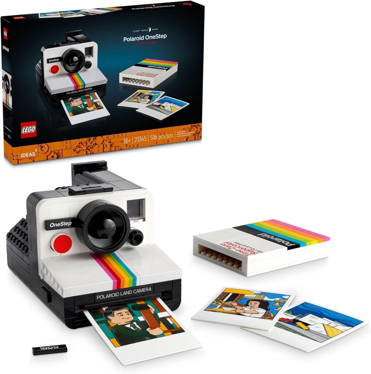A vintage Polaroid OneStep camera made of LEGO