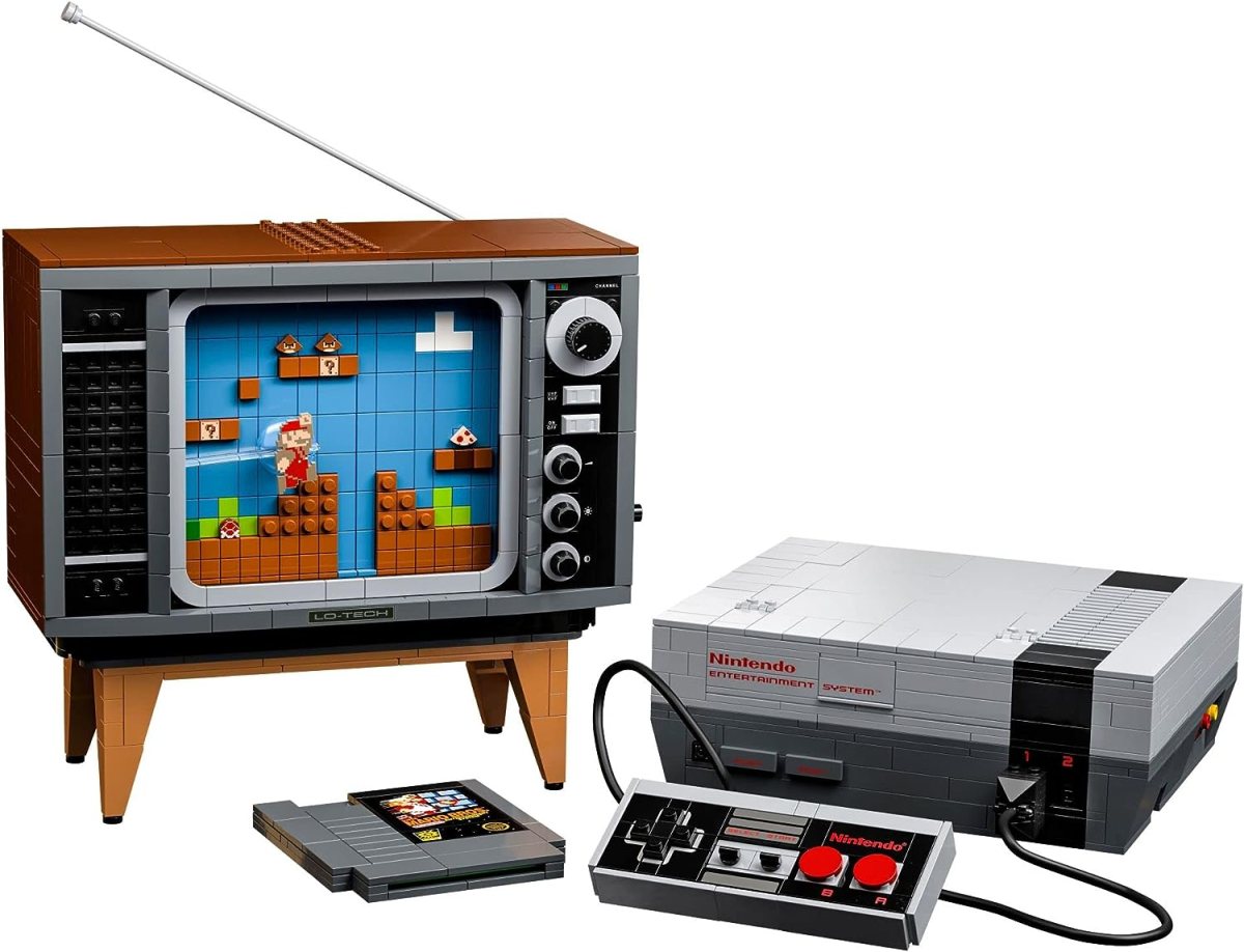 LEGO's Super Mario Nintendo Entertainment System build kit, including a retro TV and the game console
