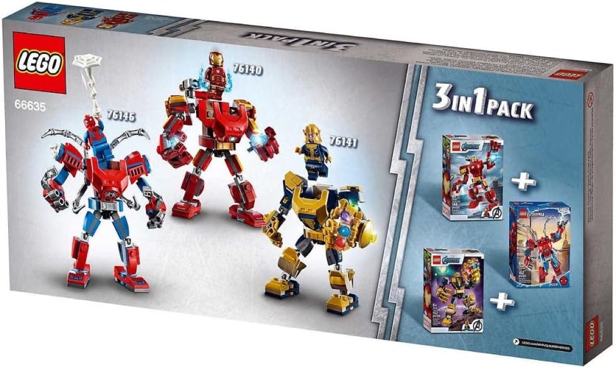 A LEGO set featuring Iron Man, Spider-Man, and Thanos 