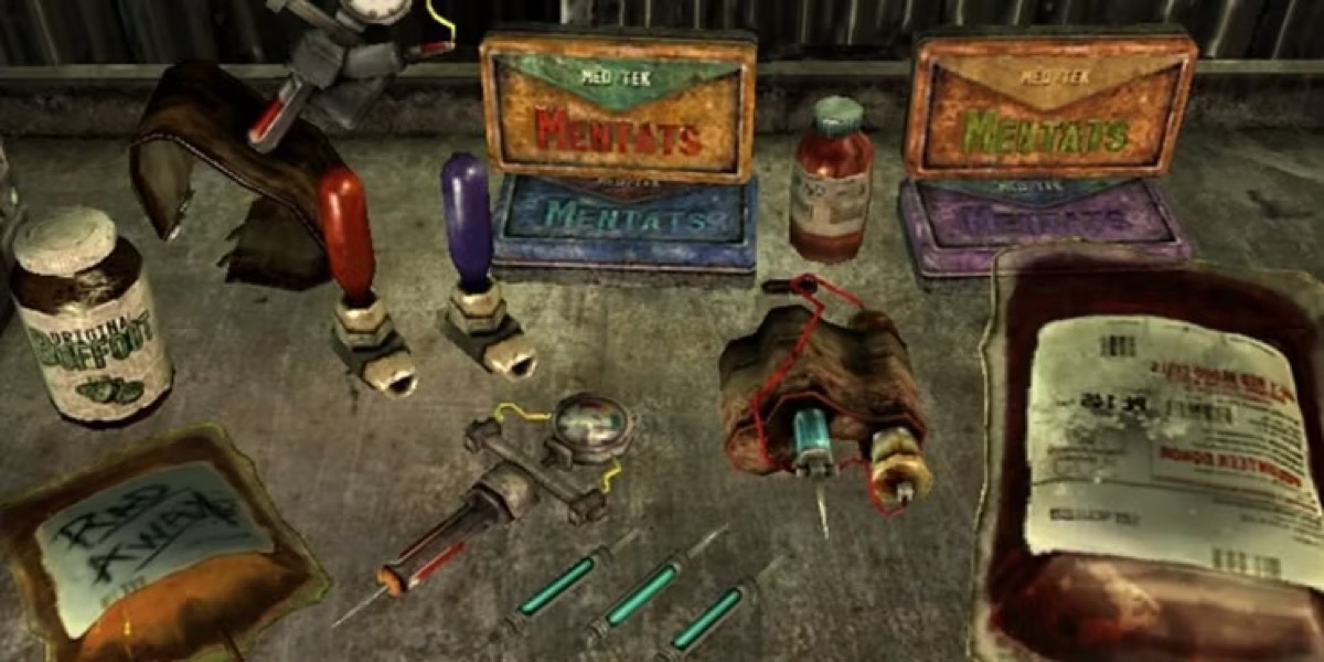 Stimpacks and chems on a table in "Fallout 4"