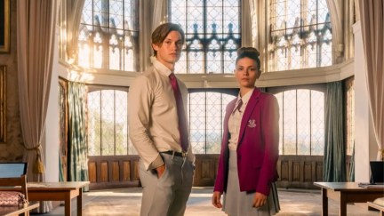 Maxton Hall, Amazon Prime Video. Ruby Bell (Harriet Herbig-Matten) and James Beaufort (Damian Hardung) stood in a beautiful old room