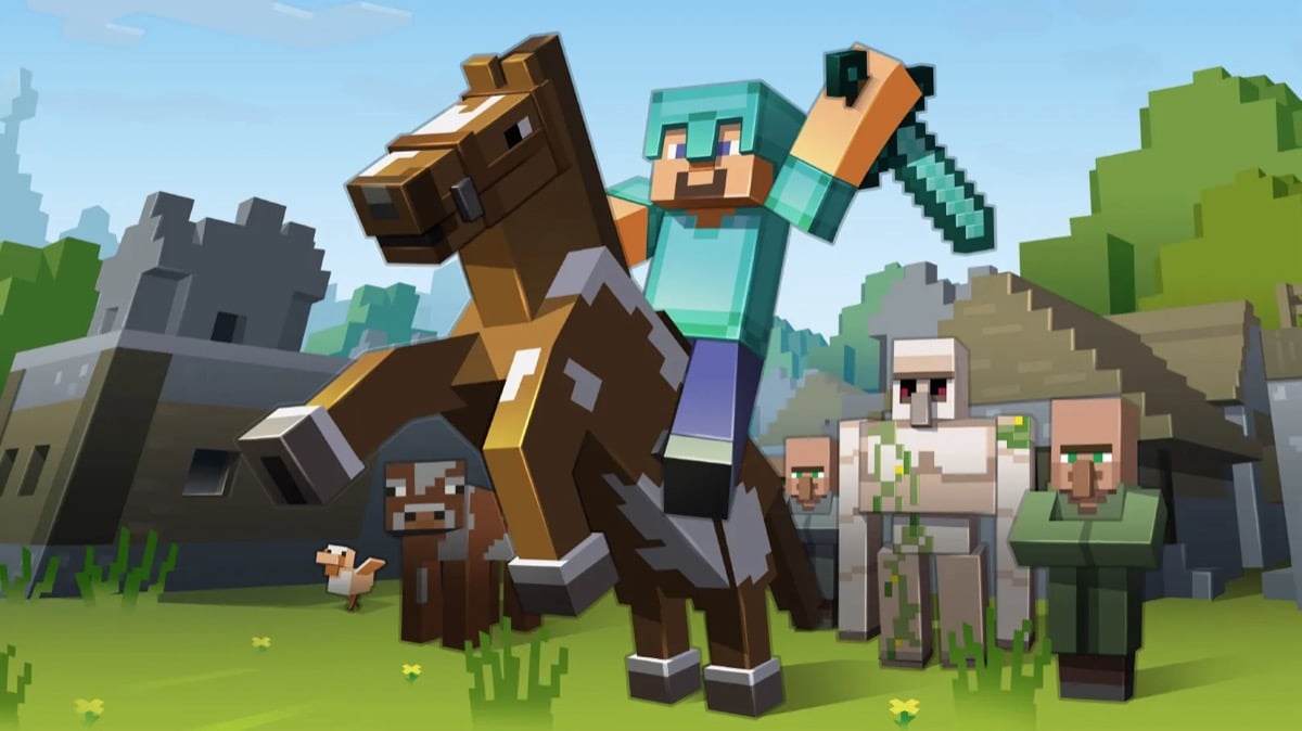 A player with a sword rides a horse while Villagers look on in "Minecraft"