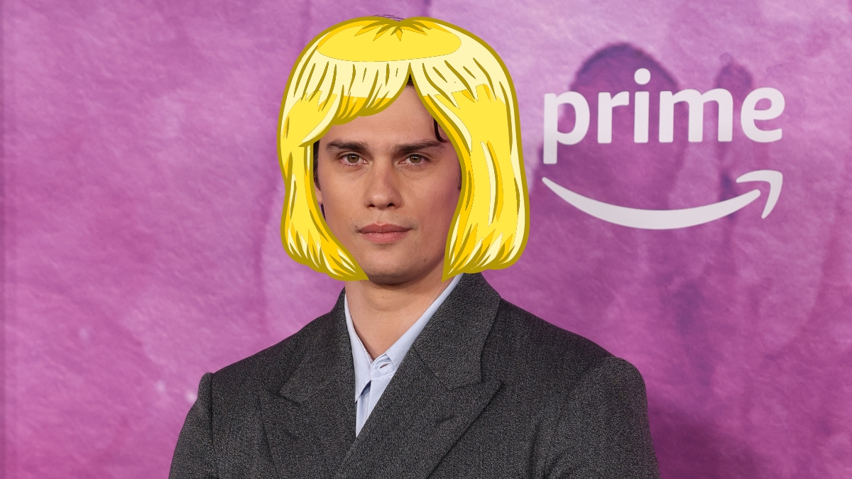 Nicholas Galitzine with a blonde bob haircut sloppily photoshopped atop his head