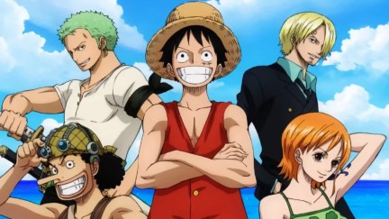 Zoro, Sanji, Nami, Ussop and Luffy in art for the One Piece anime