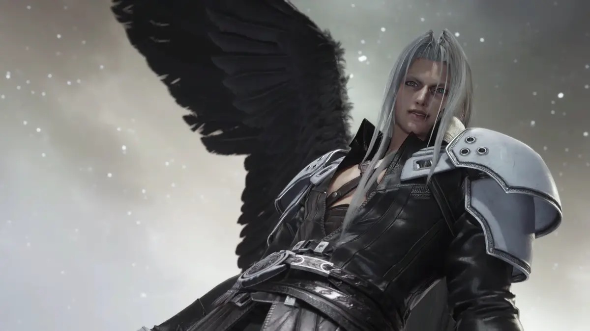 Sephiroth smiles down menacingly with one dark wing extended in "Final Fantasy 7" 
