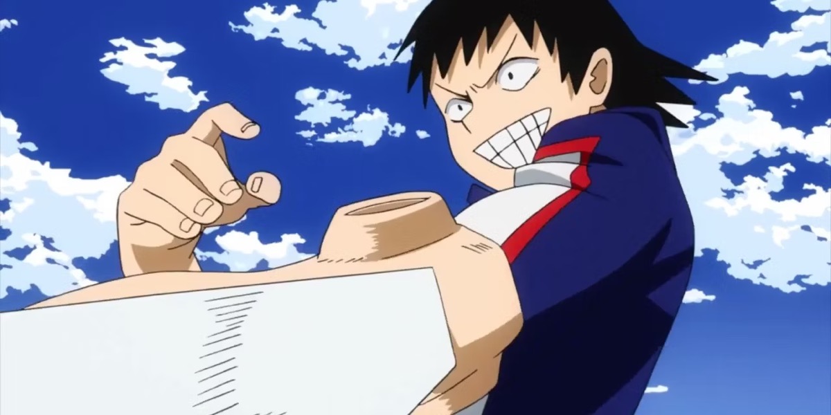 Sero Hanta grins deviously while using his tape powers in midair in "My Hero Academia" 