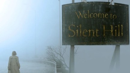 'Silent Hill': A woman approaches a foggy town. A sign reads 