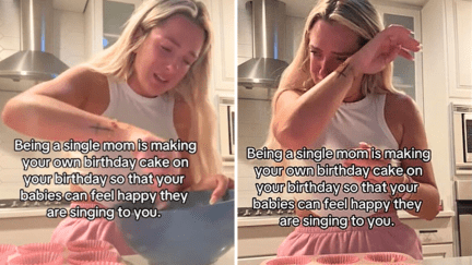 Screenshots of Elizabeth Teckenbrock from TikTok, crying while she makes her own birthday cake