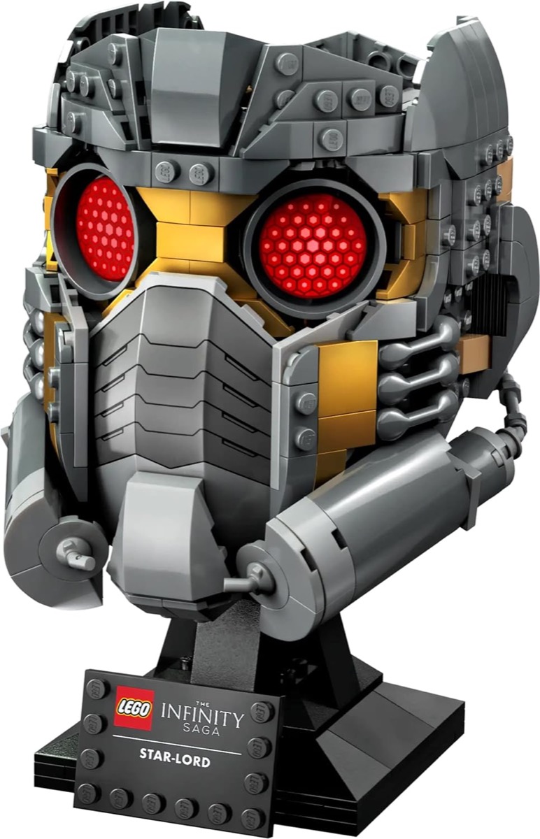 A LEGO versino Star Lord's red bug eyed helmet from "Guardians of the Galaxy" 