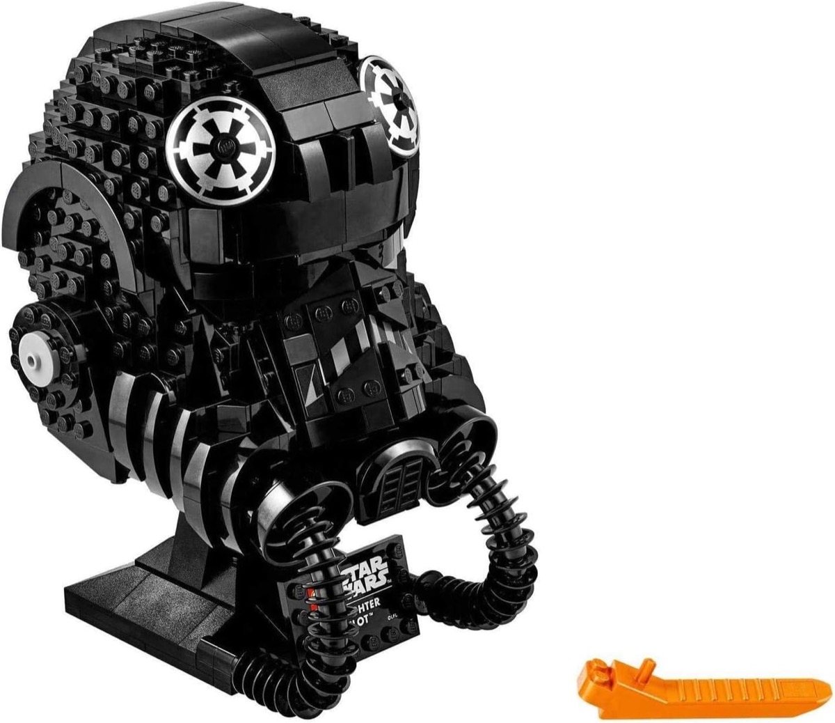 A LEGO version of a TIE Fighter helmet from "Star Wars"