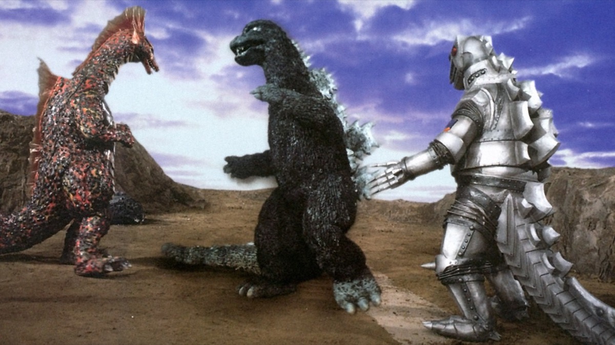 Godzilla battles Mechagodzilla and another lizard monster in "Terror of Mechagodzilla"