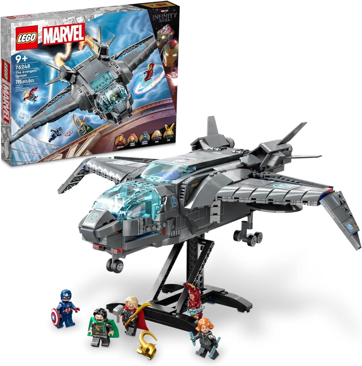 A LEGO version of the Avengers' Quinjet on a stand