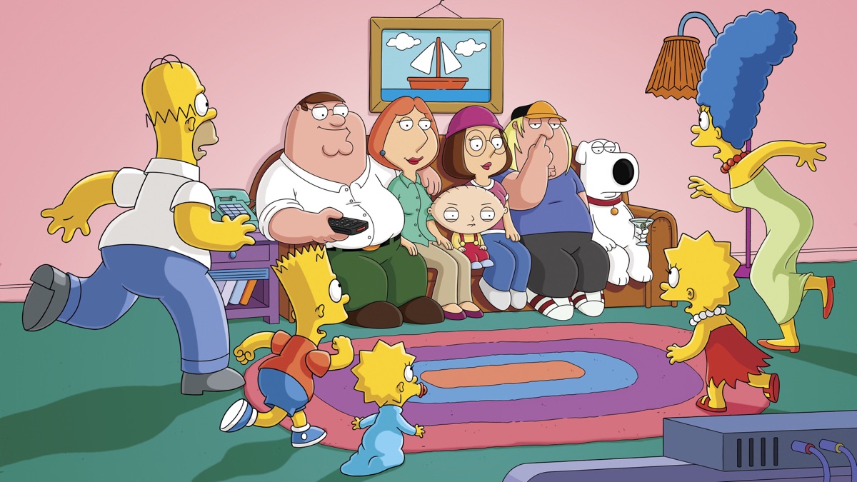 The Simpsons characters run towards the sofa but find the Family Guy characters there already