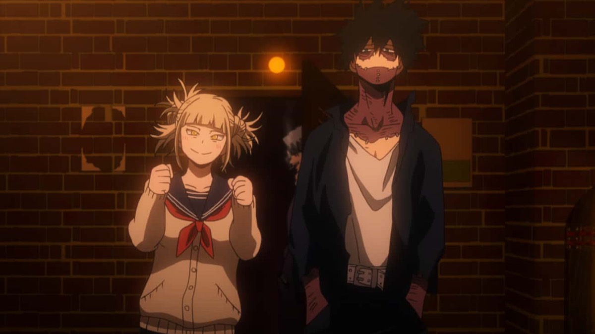The villains Toga and Dabi stand together ready to fight in an alleyway in "My Hero Academia" 