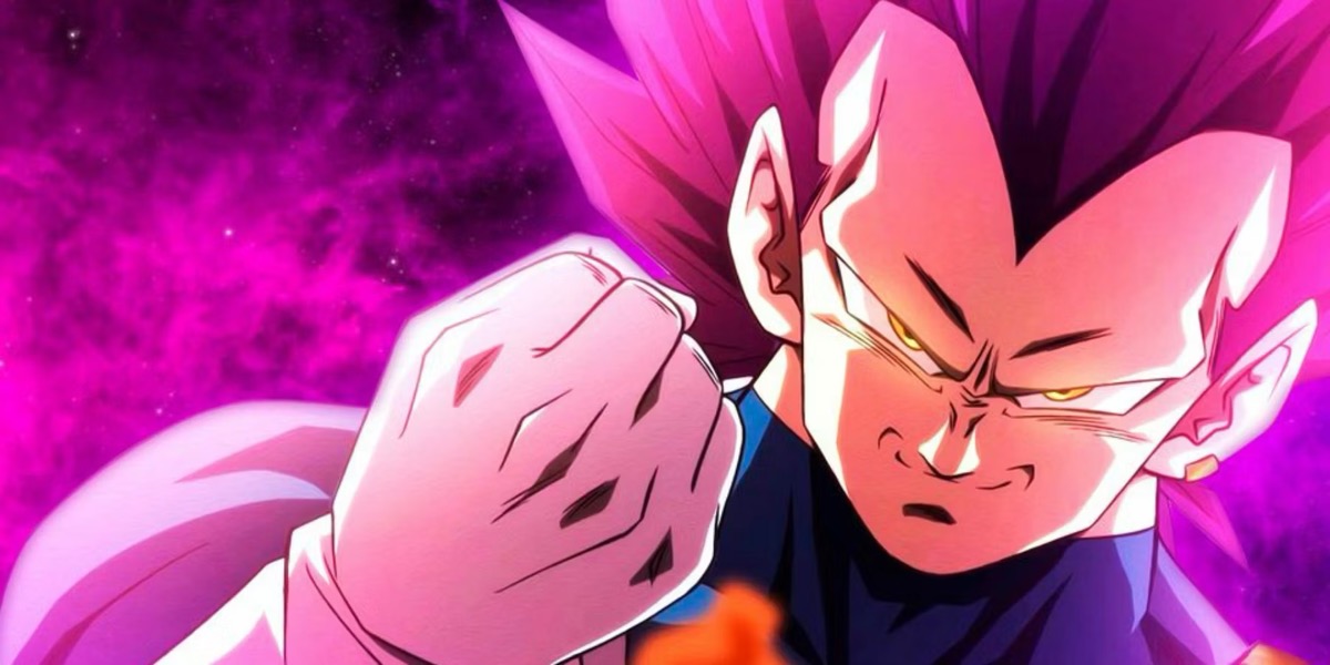 Vegeta smirks while giving off a purple aura in "Dragon Ball Super" 