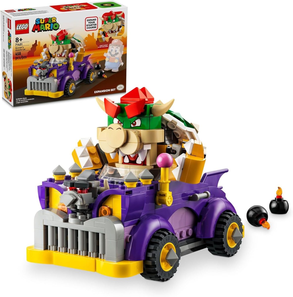 Bowser driving his muscle car Mario Kart LEGO set.