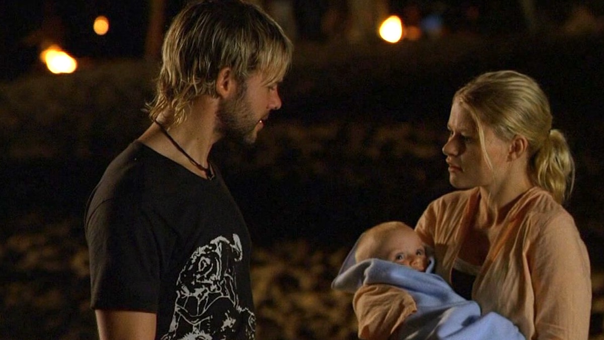 Charlie Pace and Claire on Lost standing with baby Aaron