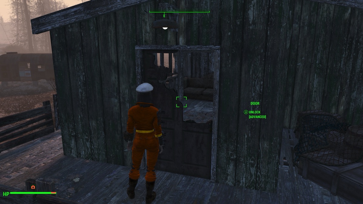 A player standing in front of a locked door in "Fallout 4" 